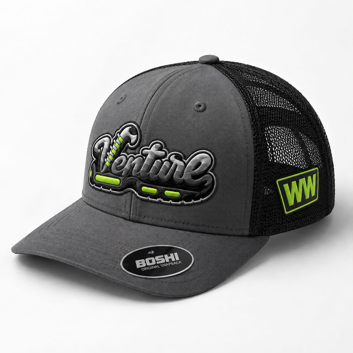 Venture grey and black mesh trucker cap with neon green detailing